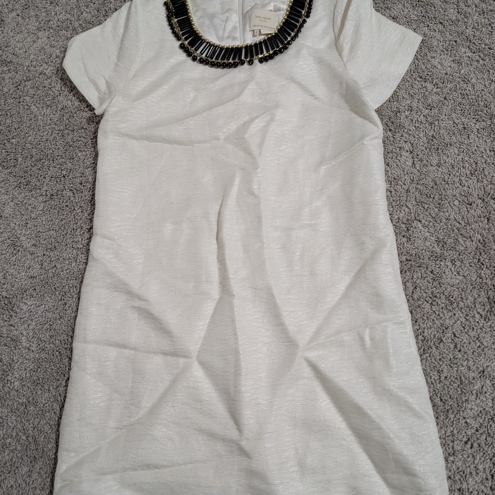 Kate Spade embellished Gail sheath dress in cream with a black beaded neckline